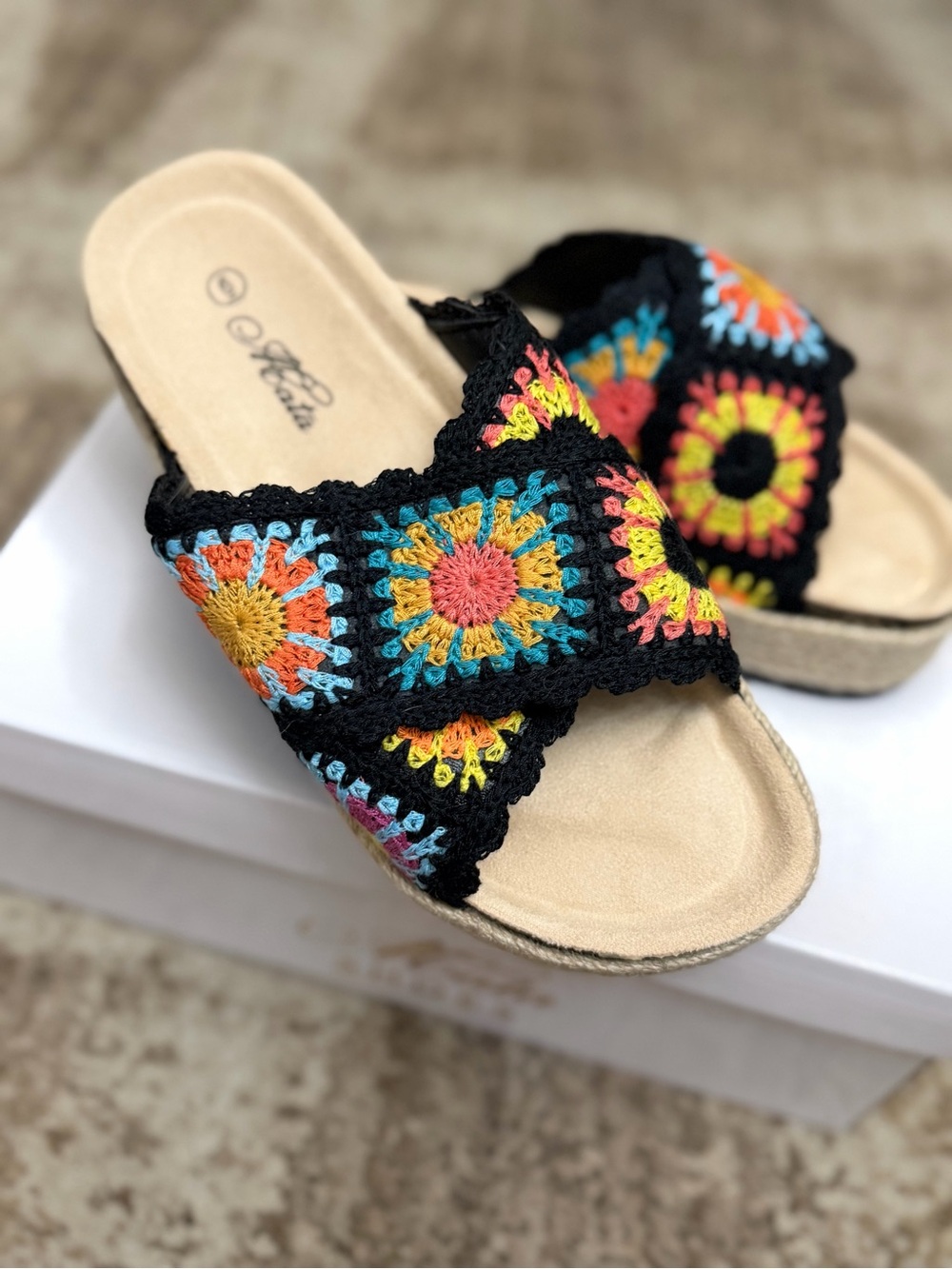 Handcrafted Crochet Slide Mules - Black Multicolor